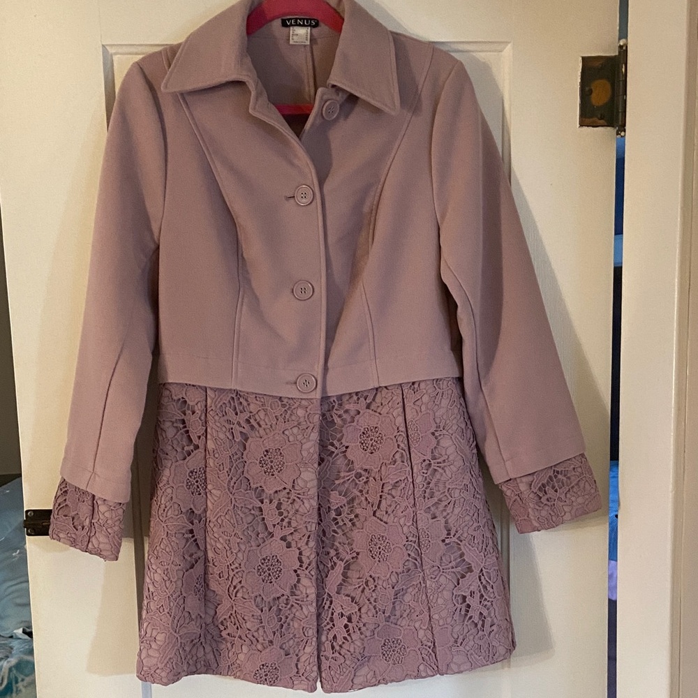 VENUS Women's Light Pink/Mauve Lace Detail Trench Coat